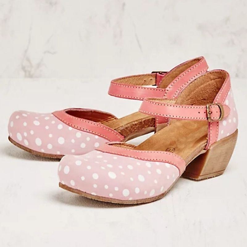 Dam Polka Dot Rund Tå Ankelrem Block Häl Casual Comfy Heels Pumps