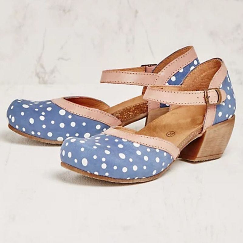 Dam Polka Dot Rund Tå Ankelrem Block Häl Casual Comfy Heels Pumps