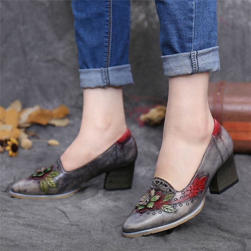 Dam Retro Splicing Blommigt Läder Slip On Block Heel Pumps Dress Shoes