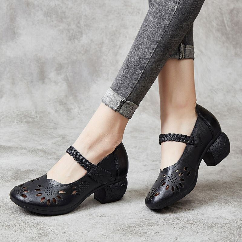 Läderutskärning För Kvinnor Floral Flätad Justerbar Ankelrem Chunky Heel D'orsay Pumps