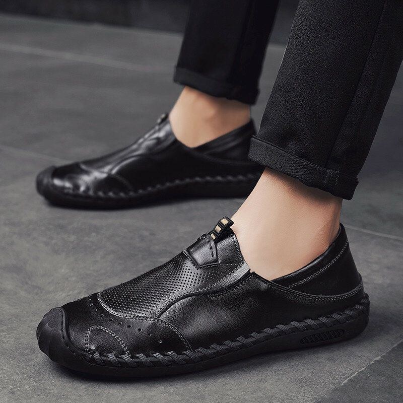 Herr Andningsbart Mikrofiberläder Bekvämt Slip-on Handstickning Platta Skor