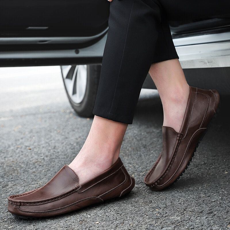 Herr Comfy Leather Loafers Halkfri Mjuk Sula Casual Slip On Flat Shoes