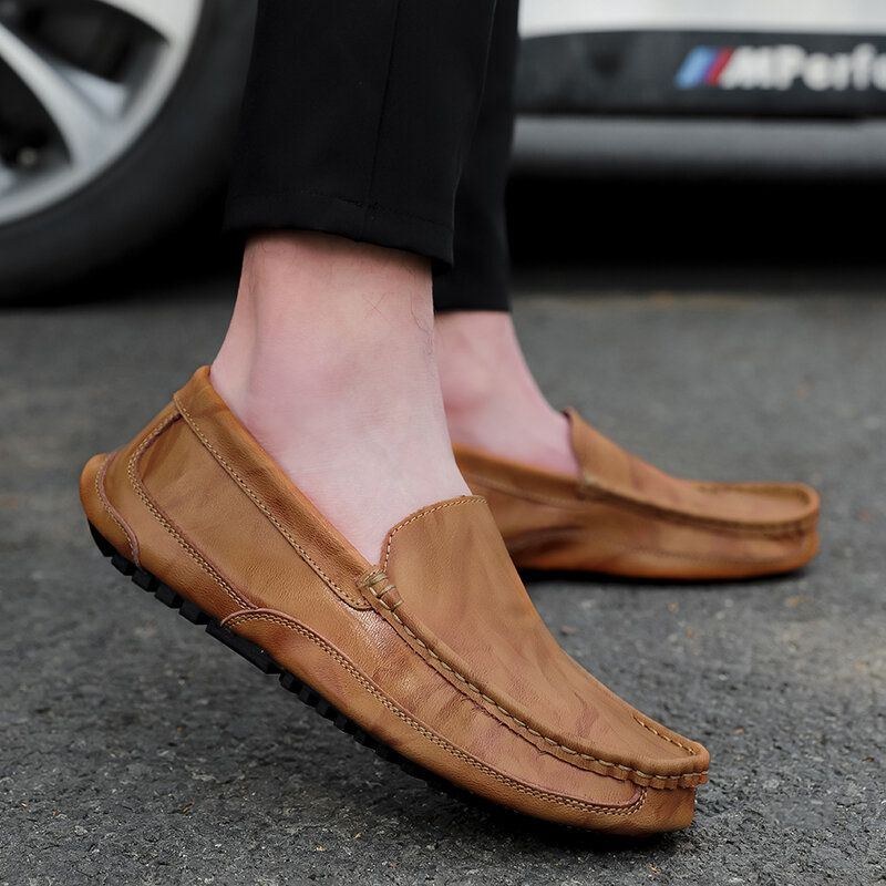 Herr Comfy Leather Loafers Halkfri Mjuk Sula Casual Slip On Flat Shoes