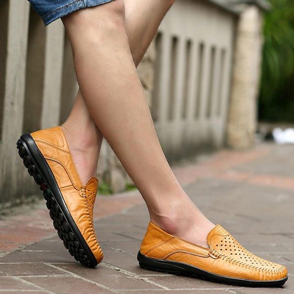 Herr Flats Casual Outdoor Läder Slip-on Hollow Out Flats Skor