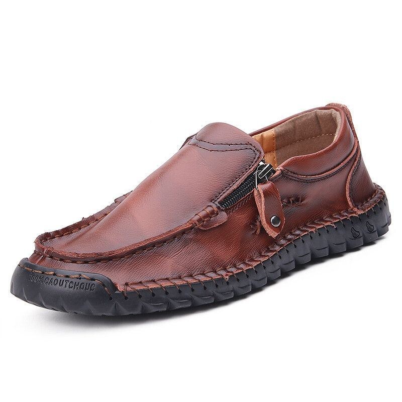 Herr Handsömmar Läder Mjuk Sidodragkedja Business Casual Slip On Flat Shoes