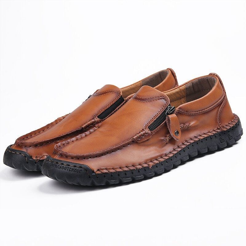 Herr Handsömmar Läder Mjuk Sidodragkedja Business Casual Slip On Flat Shoes