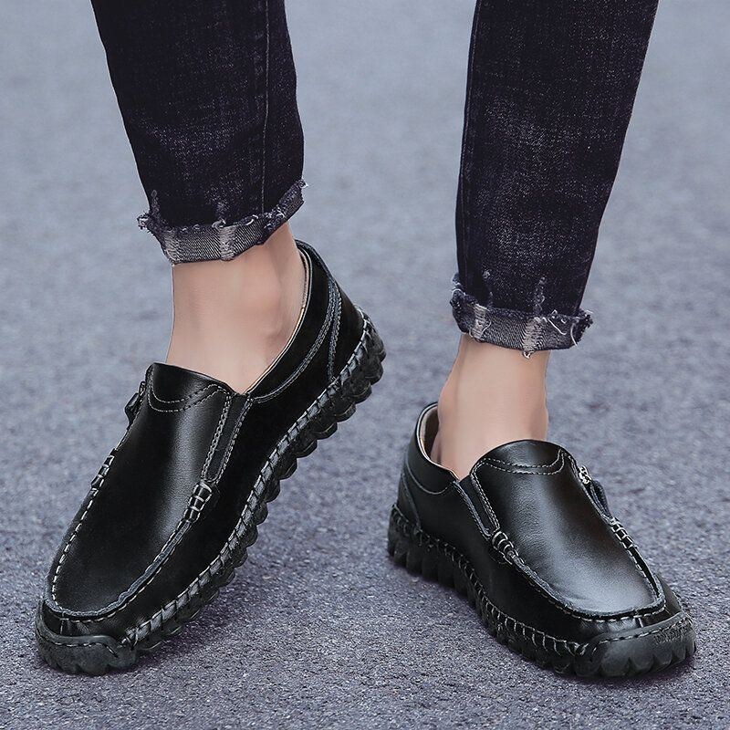 Herr Handsömmar Läder Mjuk Sidodragkedja Business Casual Slip On Flat Shoes