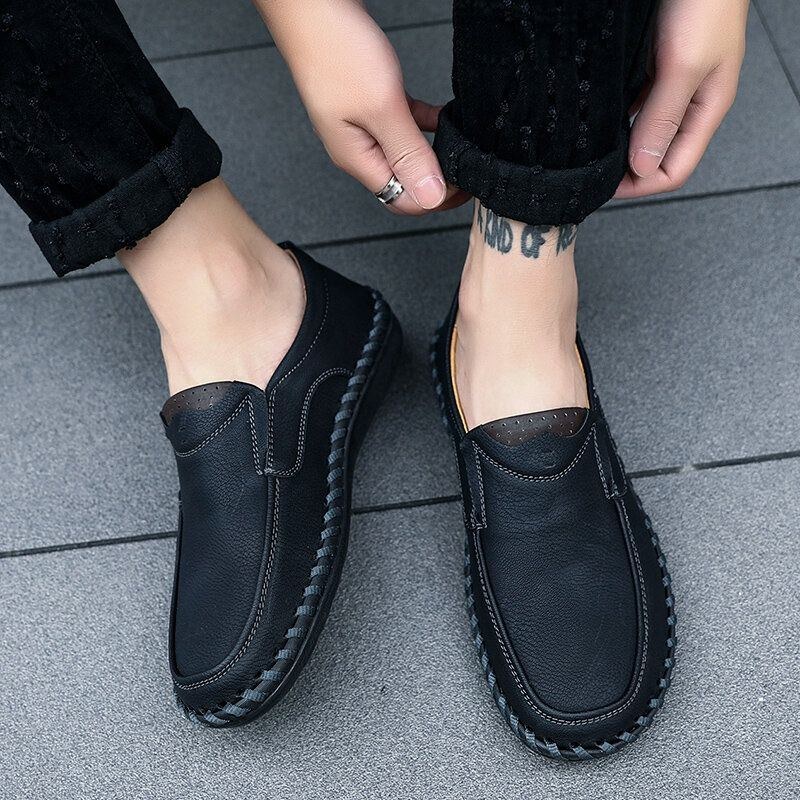 Herr Handsömmar Läder Slip On Mjuk Sula Casual Skor