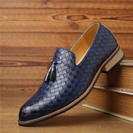 Herr Läder Andas Vintage Weave Tofs Spetsig Tå Slip On Bekväma Casual Business Skor