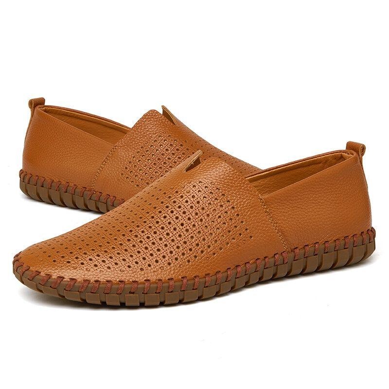 Herr Pure Color Handsömmar Bekväma Andas Läder Slip On Casual Körskor