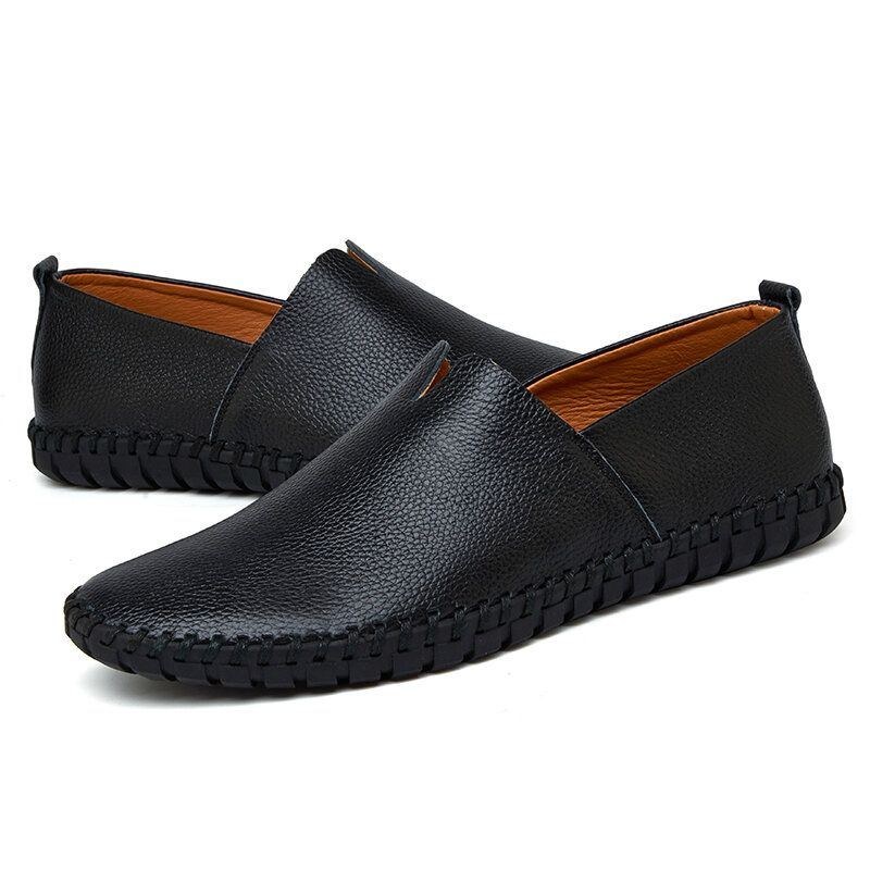 Herr Pure Color Handsömmar Bekväma Andas Läder Slip On Casual Körskor