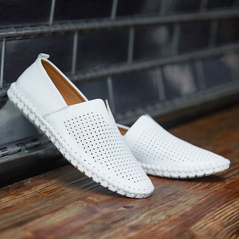 Herr Pure Color Handsömmar Bekväma Andas Läder Slip On Casual Körskor