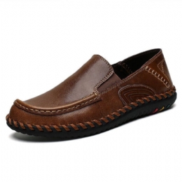 Herr Pure Color Mjukt Läder Halksäker Wide Fit Casual Slip-on Handstickning Skor