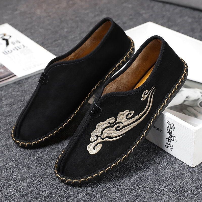 Herr Retro Broderi Mocka Bekväma Slip On Loafers Casual Körskor