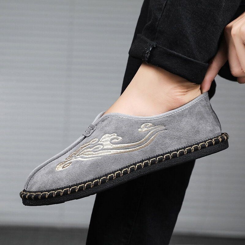 Herr Retro Broderi Mocka Bekväma Slip On Loafers Casual Körskor