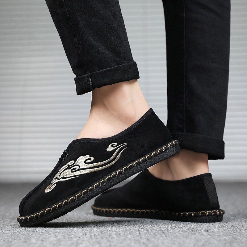 Herr Retro Broderi Mocka Bekväma Slip On Loafers Casual Körskor