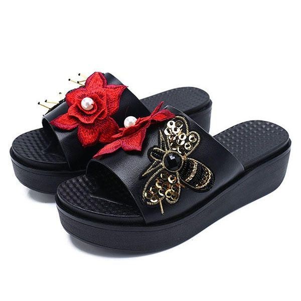 Dam Sommarsandaler Slip On Mjuk Sula Flower Brodery Tofflor