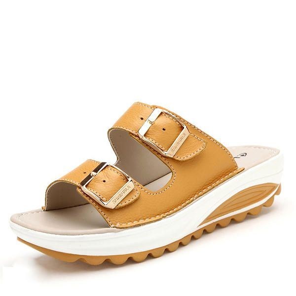 Damer I Stor Storlek Mjukt Läderspänne Peep Toe Tofflor Slip On Beach Platform Sandaler