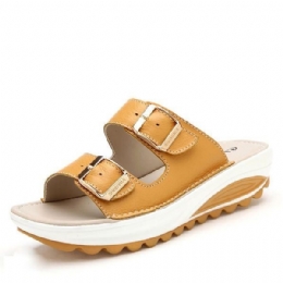 Damer I Stor Storlek Mjukt Läderspänne Peep Toe Tofflor Slip On Beach Platform Sandaler