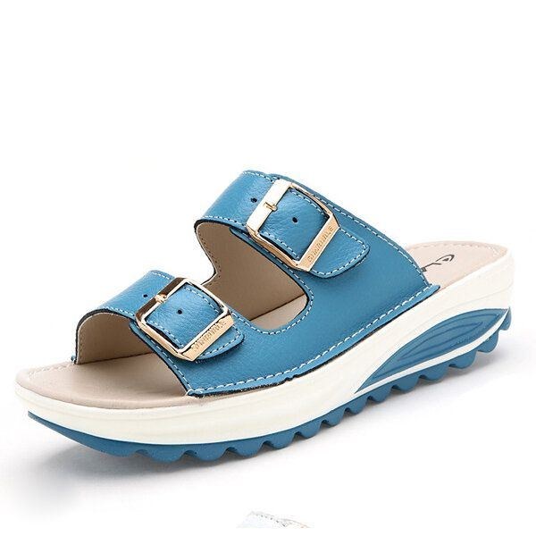 Damer I Stor Storlek Mjukt Läderspänne Peep Toe Tofflor Slip On Beach Platform Sandaler