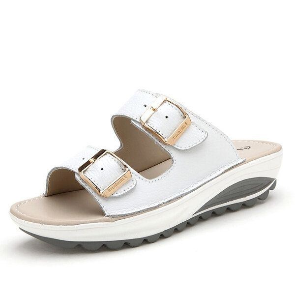 Damer I Stor Storlek Mjukt Läderspänne Peep Toe Tofflor Slip On Beach Platform Sandaler