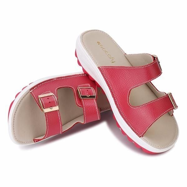 Damer I Stor Storlek Mjukt Läderspänne Peep Toe Tofflor Slip On Beach Platform Sandaler