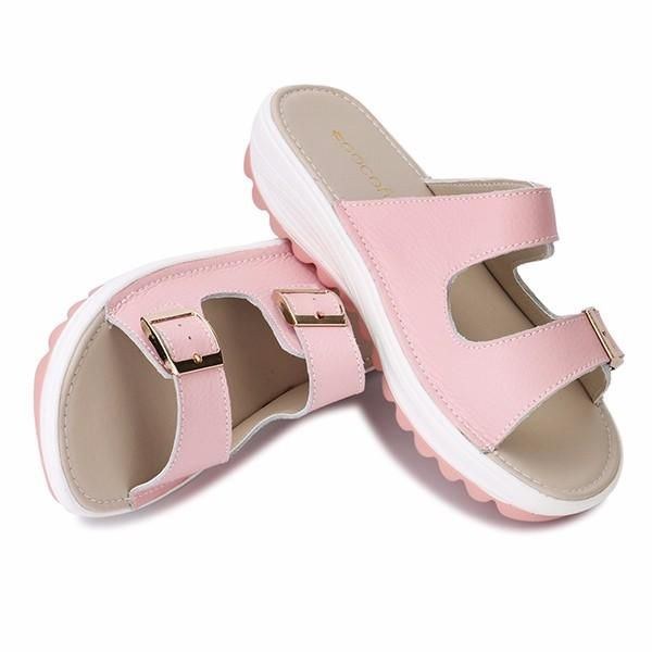 Damer I Stor Storlek Mjukt Läderspänne Peep Toe Tofflor Slip On Beach Platform Sandaler