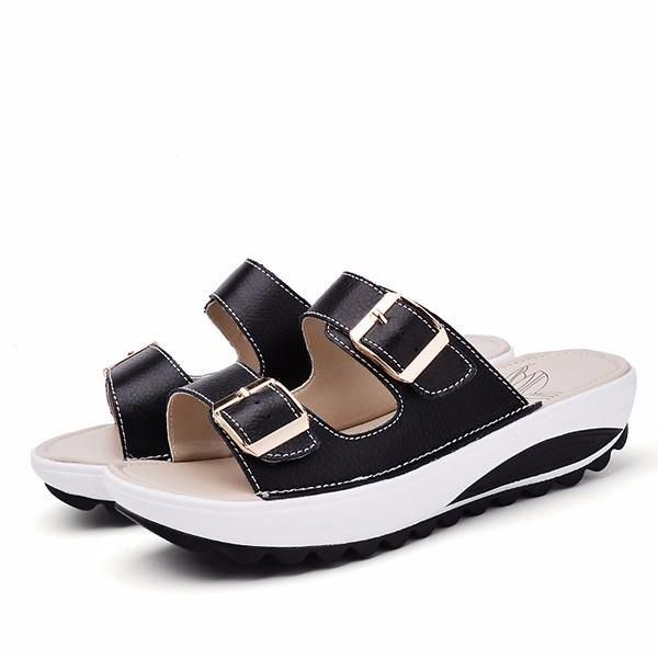 Damer I Stor Storlek Mjukt Läderspänne Peep Toe Tofflor Slip On Beach Platform Sandaler