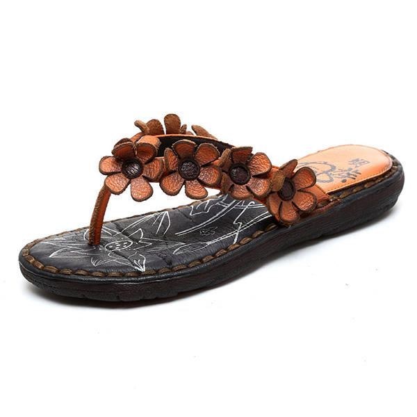 Handgjorda Handgjorda Läder Casual Flower Comfy Flat Tofflor För Kvinnor