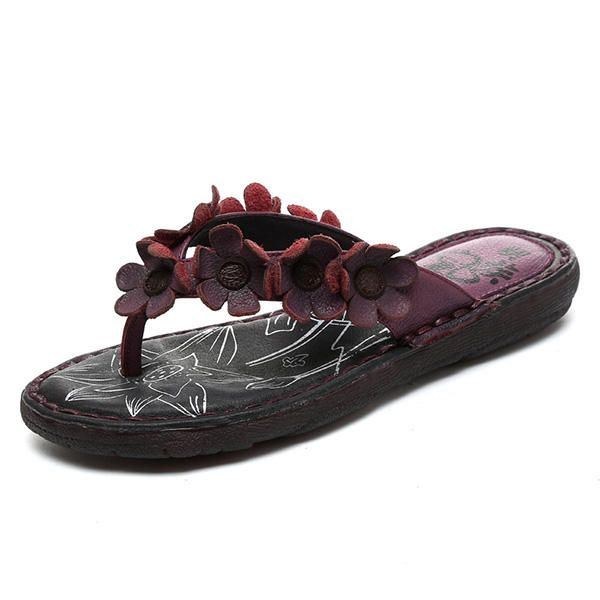 Handgjorda Handgjorda Läder Casual Flower Comfy Flat Tofflor För Kvinnor