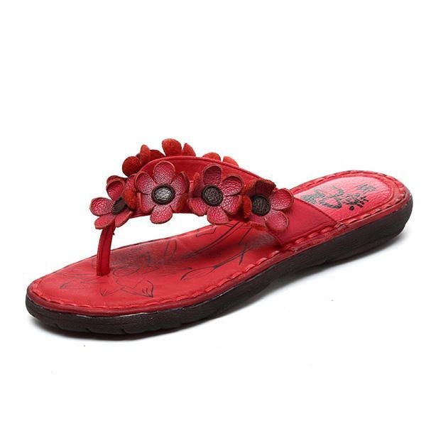 Handgjorda Handgjorda Läder Casual Flower Comfy Flat Tofflor För Kvinnor