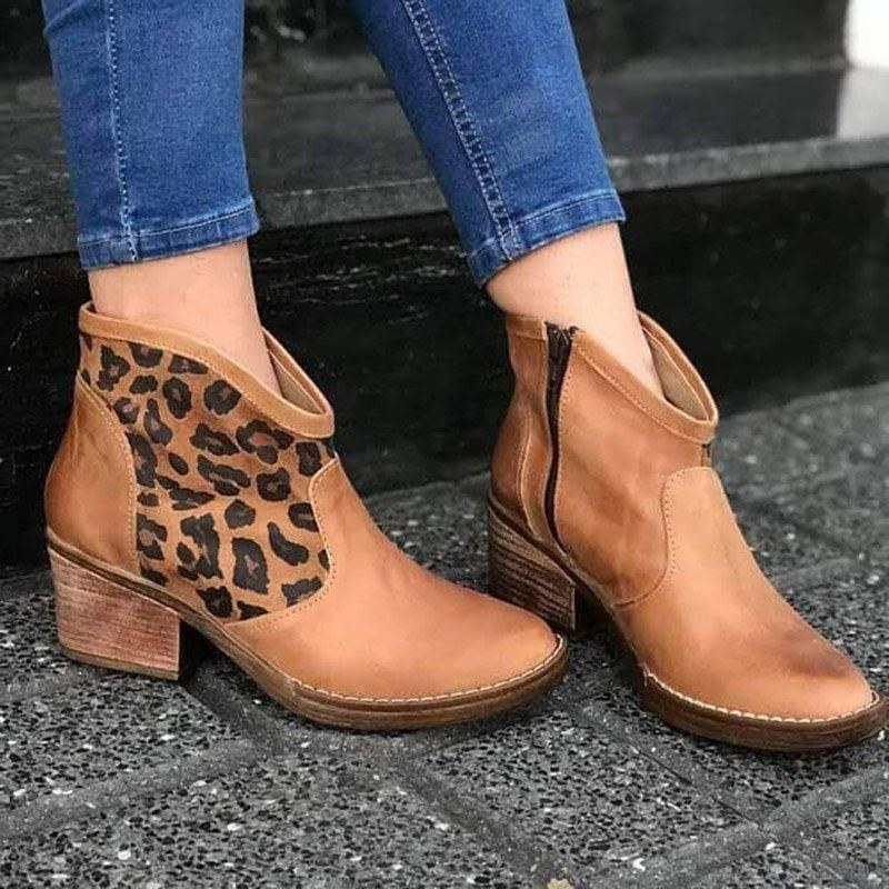 Casual Splicing Leopard Zipper Chunky Heel Cowboy Ankelboots För Dam