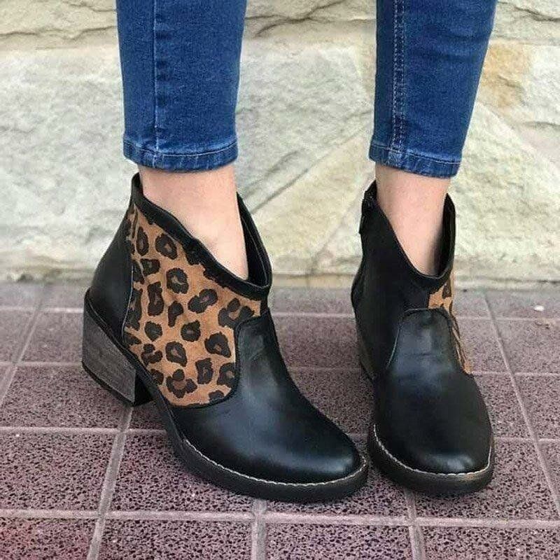 Casual Splicing Leopard Zipper Chunky Heel Cowboy Ankelboots För Dam