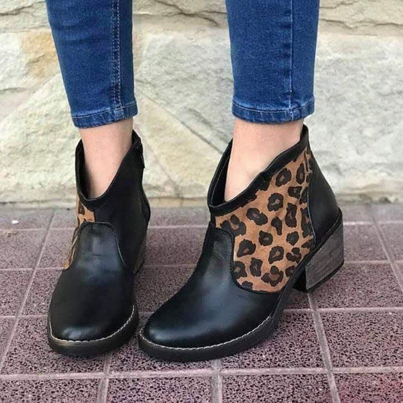 Casual Splicing Leopard Zipper Chunky Heel Cowboy Ankelboots För Dam