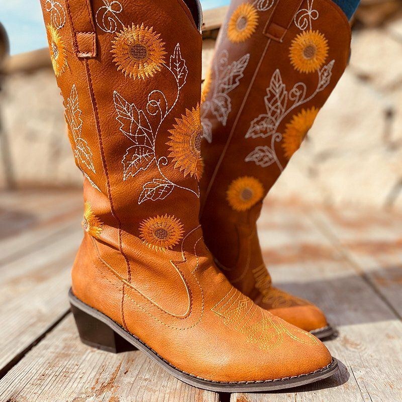 Daisy Stor Storlek Dam Broderade Chunky Häl Spetsad Tå Cowboystövlar Med Mitten Av Vaden