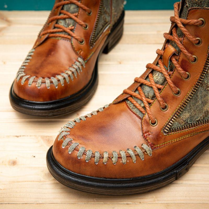 Dam Äkta Läder Retro Splicing Handsömmar Ankel Cowboy Boots