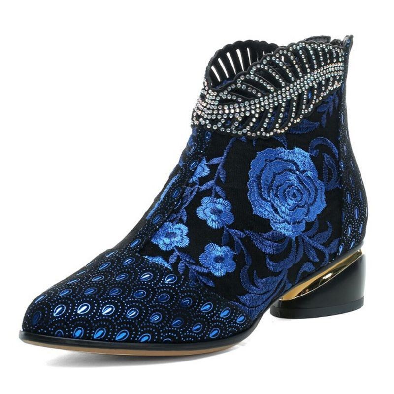 Dam Bekväma Mjuka Läderbroderade Blommor Strass Chunky Heel Ankel Boots