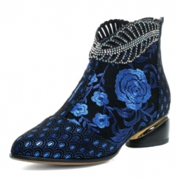 Dam Bekväma Mjuka Läderbroderade Blommor Strass Chunky Heel Ankel Boots