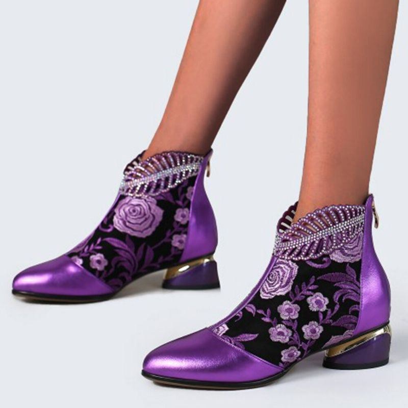 Dam Bekväma Mjuka Läderbroderade Blommor Strass Chunky Heel Ankel Boots