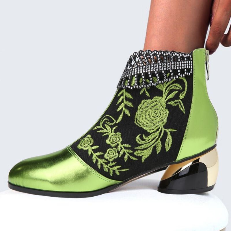 Dam Bekväma Mjuka Läderbroderade Blommor Strass Chunky Heel Ankel Boots