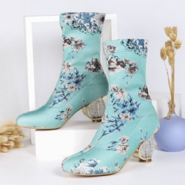 Dam Bekväma Snygga Broderade Blommor Tyg Elastisk Slip On Chunky Heel Korta Stövlar