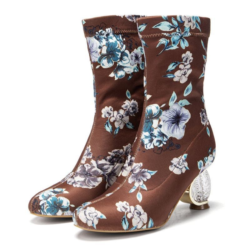 Dam Bekväma Snygga Broderade Blommor Tyg Elastisk Slip On Chunky Heel Korta Stövlar