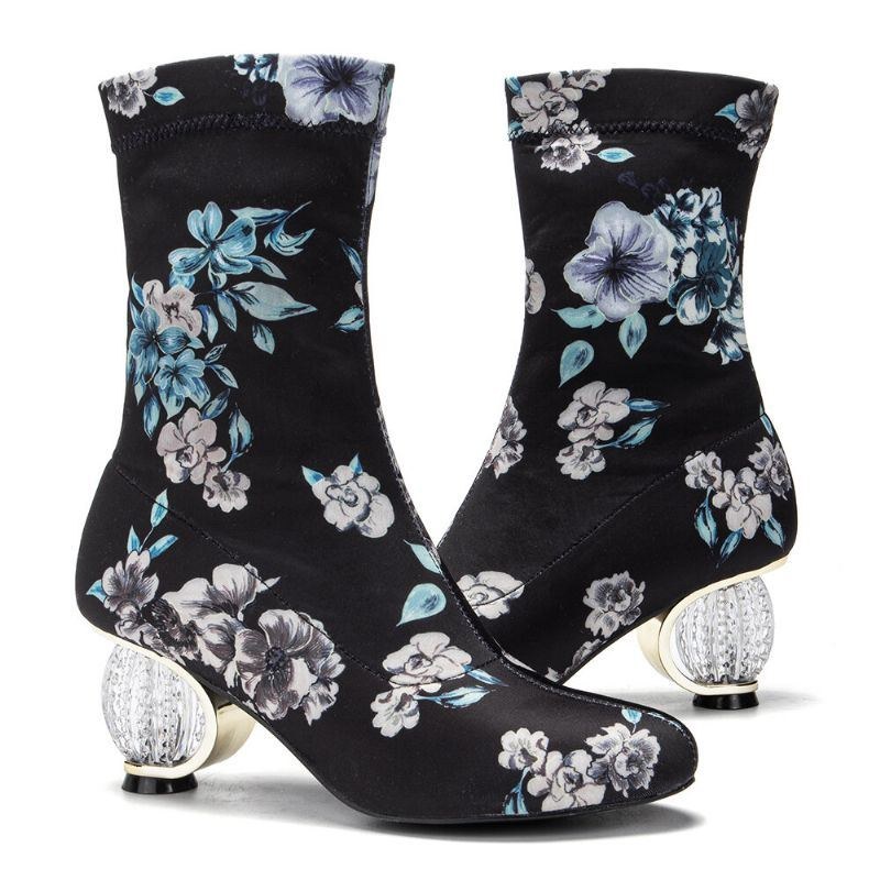 Dam Bekväma Snygga Broderade Blommor Tyg Elastisk Slip On Chunky Heel Korta Stövlar