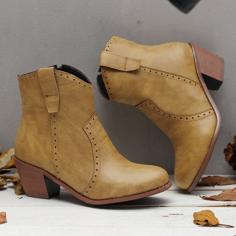 Dam Casual Retro Spetsig Dragkedja Chunky Heel Ankel Boots