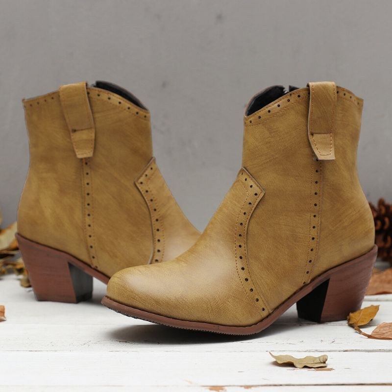 Dam Casual Retro Spetsig Dragkedja Chunky Heel Ankel Boots