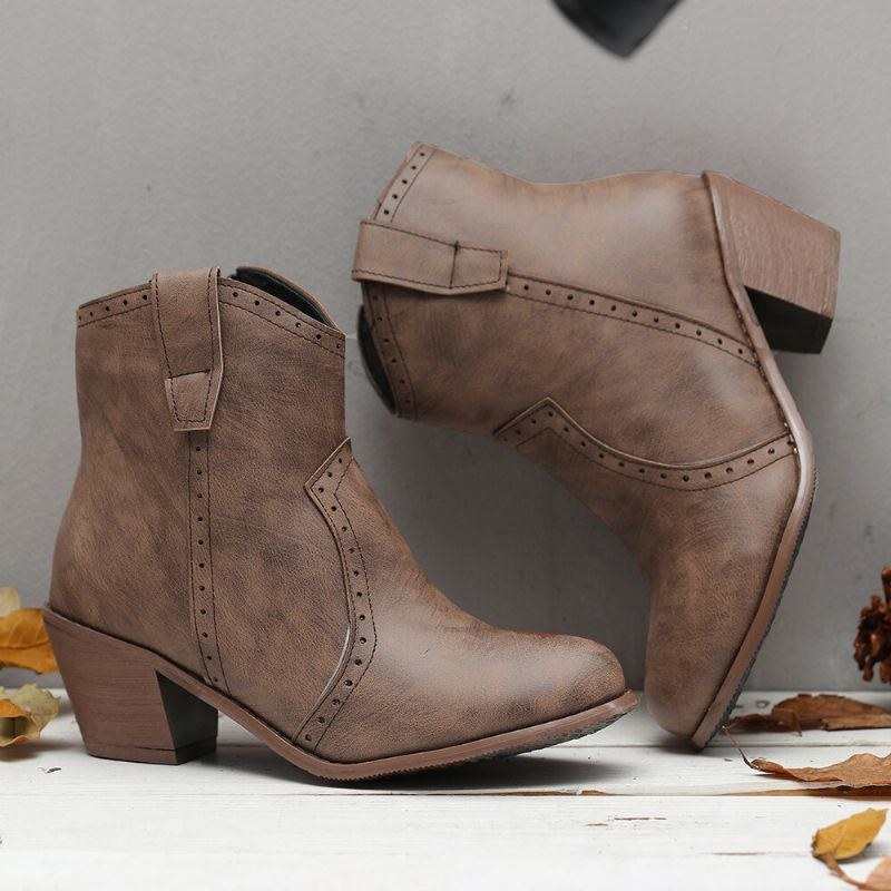 Dam Casual Retro Spetsig Dragkedja Chunky Heel Ankel Boots