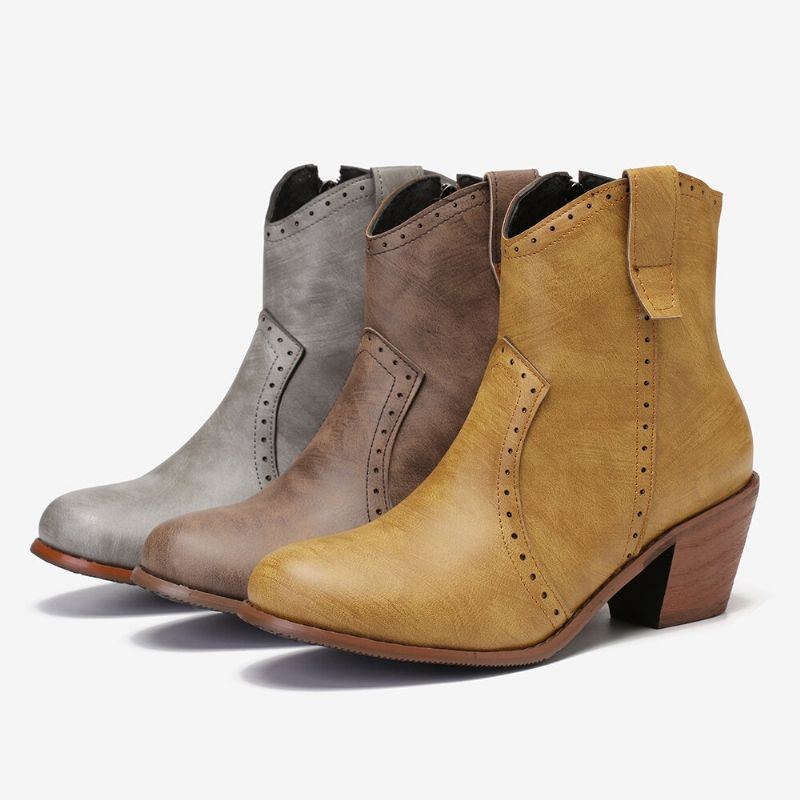 Dam Casual Retro Spetsig Dragkedja Chunky Heel Ankel Boots