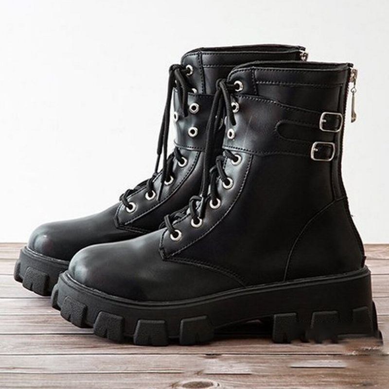 Dam Casual Spänne Dekor Snörning Tjock Sula Combat Boots