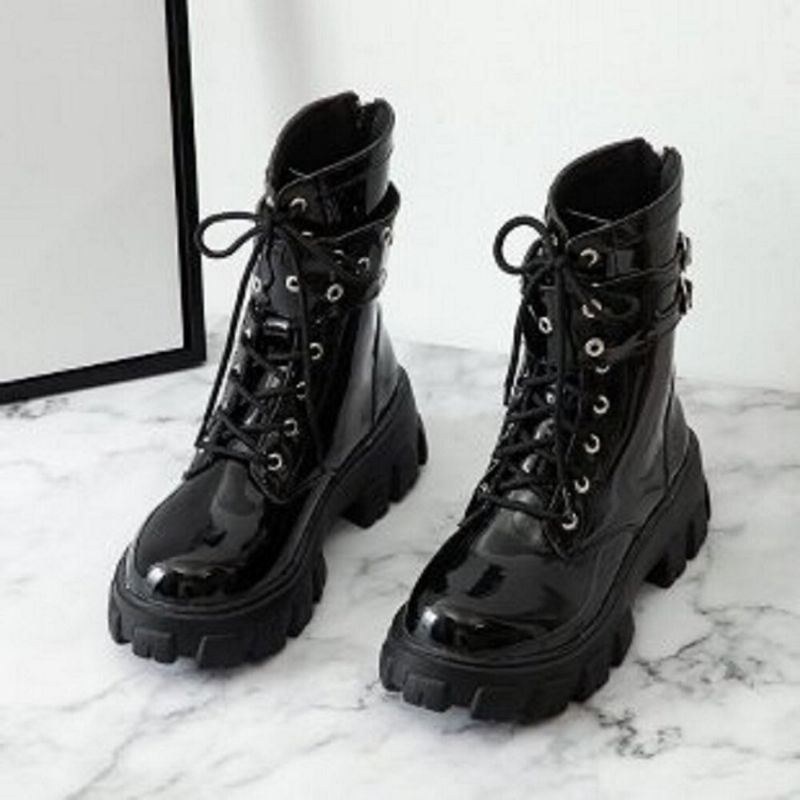 Dam Casual Spänne Dekor Snörning Tjock Sula Combat Boots