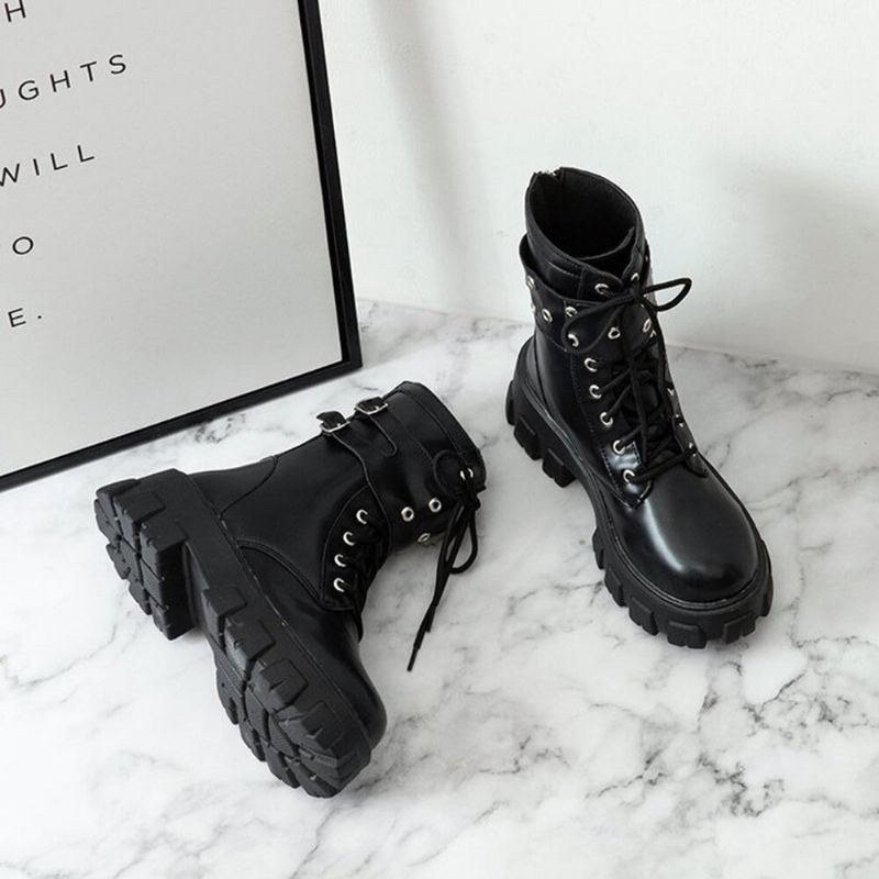 Dam Casual Spänne Dekor Snörning Tjock Sula Combat Boots